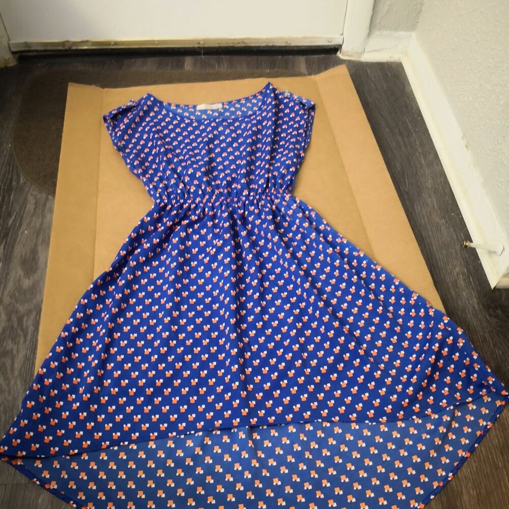 Trinity Orange/Blue Print High Low Midi Dress S Trad Wife Fairycore Minimalist